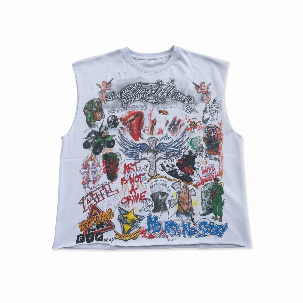 Chaos & Culture Sleeveless white graphic tee on white background