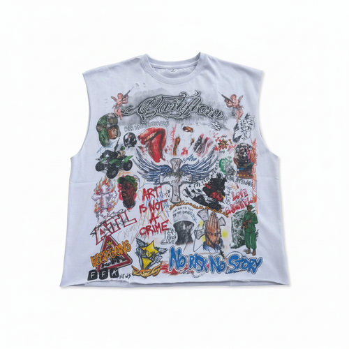 Chaos & Culture Sleeveless white graphic tee on white background